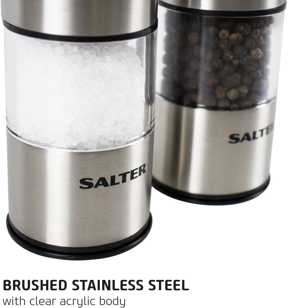 Salter Electric Salt and Pepper Mill Grinder Set – Brushed Stainless Steel Finish