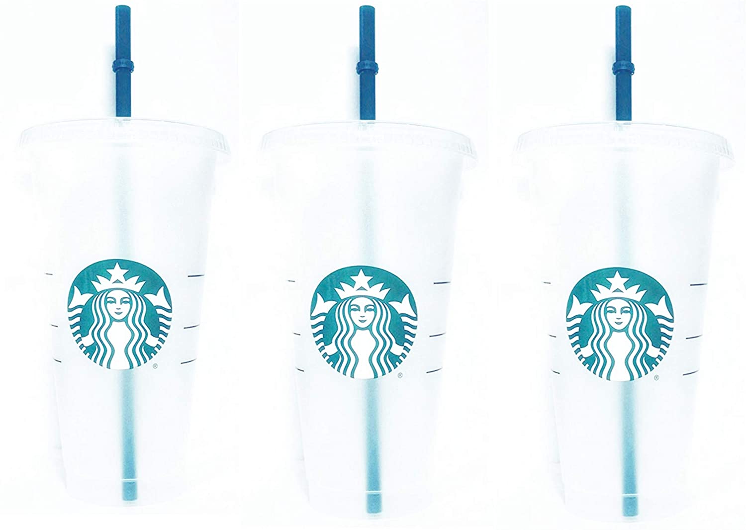 Starbucks Reusable 3 Hard Plastic Venti 24 oz Frosted Ice Cold Drink Cup with Lid and Green Straw w/Stopper