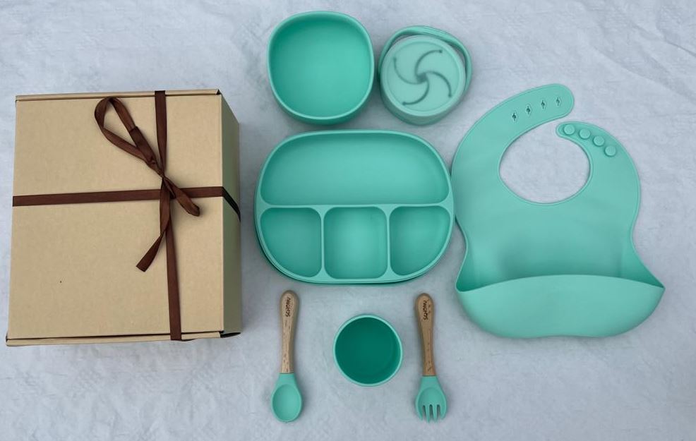 Baby Feeding Set | Plate, Bowl, bib, Spoon, Fork, Cup, Snack Pot | Weaning Set, Toddler, Boys and Girls | Silicone & Wood Materials - Blue Colour